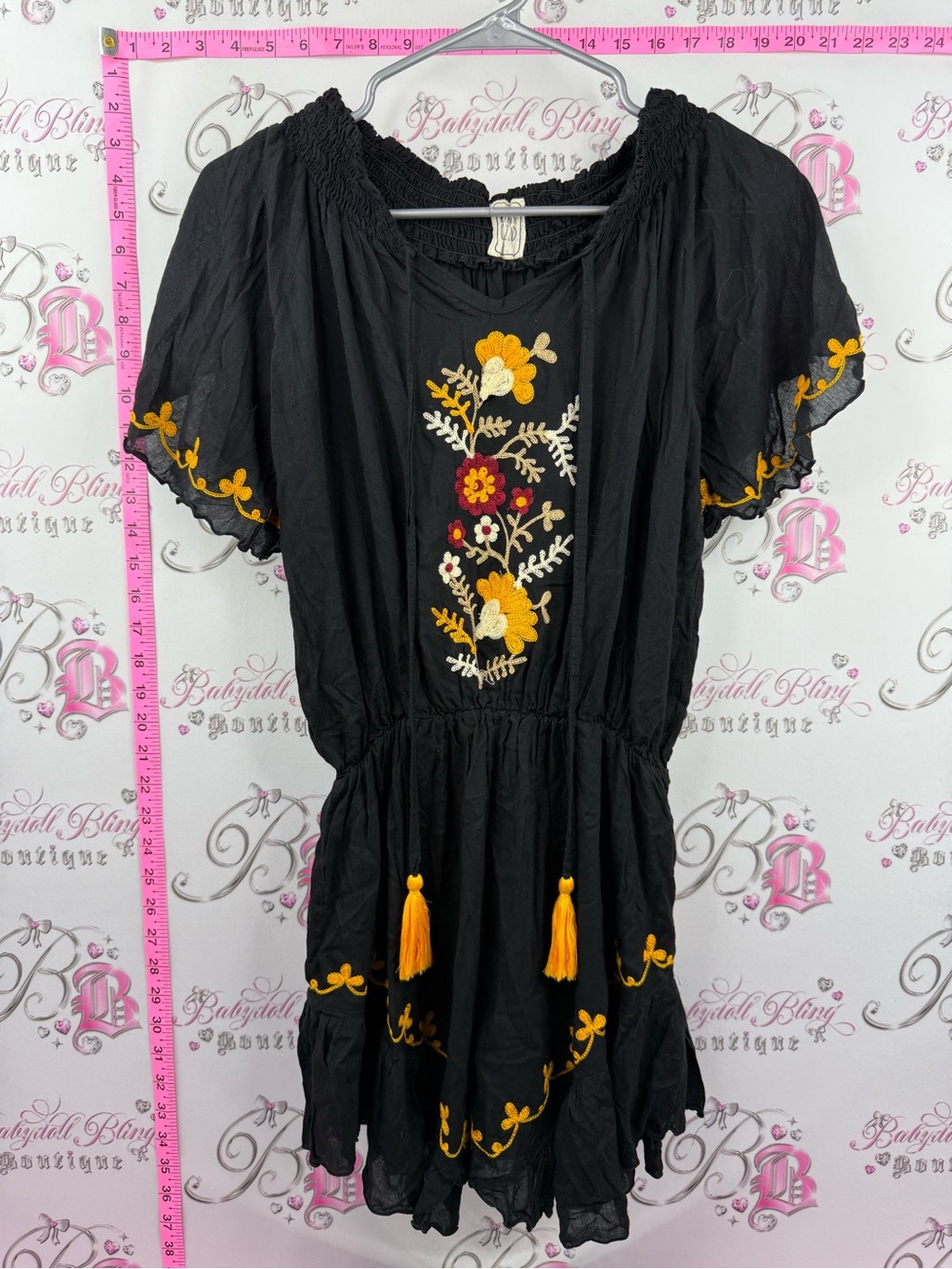 Runaway child romper Embroidered Black Boho Romper with Yellow Floral Accents